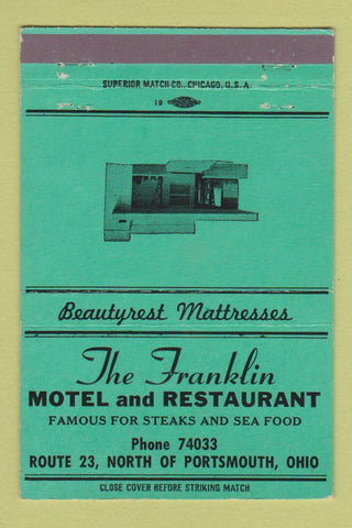 Matchbook Cover - Franklin Motel Restaurant Portsmouth OH GREEN 40 Strike