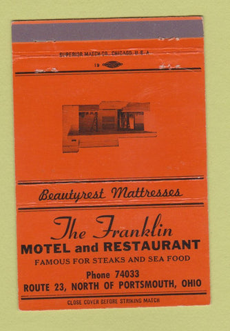 Matchbook Cover - Franklin Motel Restaurant Portsmouth OH ORANGE 40 Strike