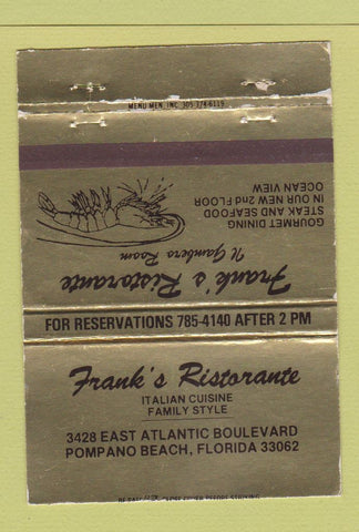 Matchbook Cover - Frank's Ristorante Italian Pompano Beach FL WEAR 40 Strike