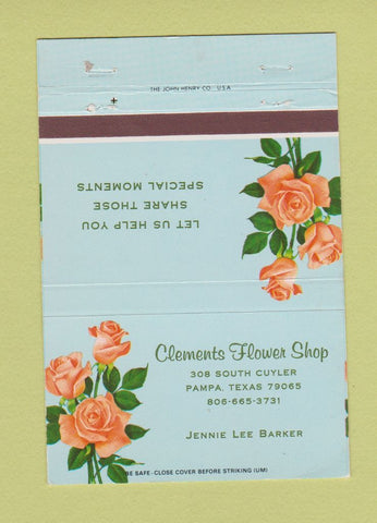 Matchbook Cover - Clements Flowers Pampa TX WEAR 40 Strike
