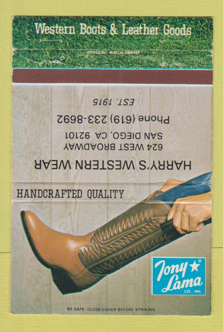 Matchbook Cover - Tony Lama Cowboy Boots Harry's San Diego CA WORN 40 Strike