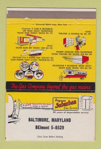 Matchbook Cover - Suburban Propane gas Baltimore MD CREASES 40 Strike