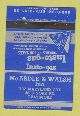 Matchbook Cover - McArdle Walsh Insto Gas Baltimore MD 40 Strike