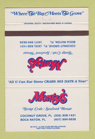 Matchbook Cover - Monty's Seafood Coconut Grove Boca Raton FL 40 Strike