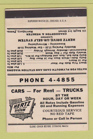 Matchbook Cover - Hertz Car Rentals Harrisburg PA WHITE 40 Strike