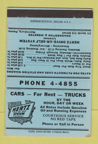 Matchbook Cover - Hertz Car Rentals Harrisburg PA BLUE 40 Strike