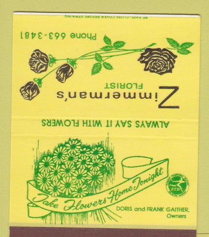 Matchbook Cover - Zimmerman's Florists Flowers Frederick MD 40 Strike