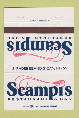 Matchbook Cover - Scampi's Restaurant Bar South Padre Island TX 40 Strike