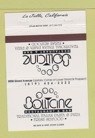 Matchbook Cover - Bollicine Restaurant Bar Pizza La Jolla CA WHITE 40 Strike