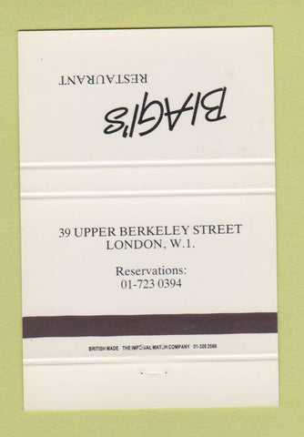 Matchbook Cover - Biagi's Restaurant London UK England 40 Strike