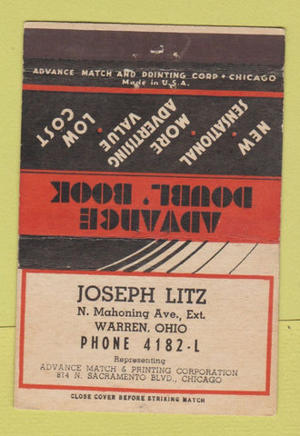Matchbook Cover - Joseph Litz Advance Match Books Chicago IL 40 Strike
