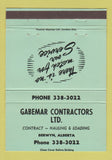 Matchbook Cover - Gabemar Contractors Hauling Berwyn AB 40 Strike