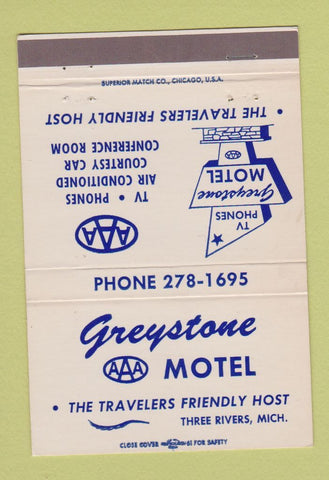 Matchbook Cover - Greystone Motel Three Rivers MI 40 Strike