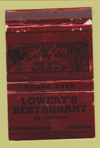 Matchbook Cover - Lowery's Restaurant Tappahannock VA WORN 40 Strike