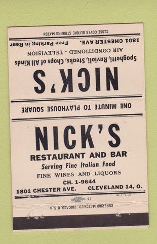 Matchbook Cover - Nick's Restaurant Cleveland OH WHITE 40 Strike