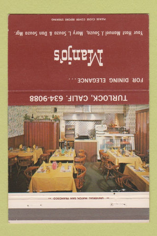 Matchbook Cover - Manjo's Restaurant Turlock CA 40 Strike