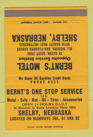 Matchbook Cover - Bernt's Motel Shelby NE oil gas 40 Strike