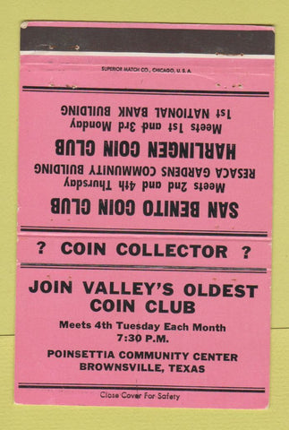 Matchbook Cover - San Benito Harligen Coin Clubs Brownsville TX 40 Strike