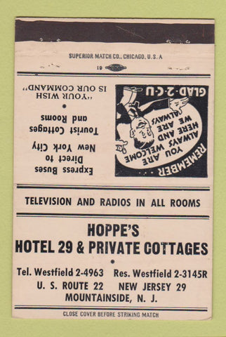 Matchbook Cover - Hoppe's Hotel 29 Mountainside NJ 40 Strike