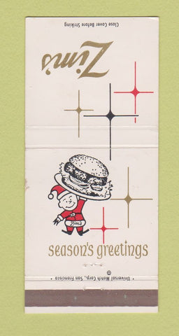 Matchbook Cover - Zim's Hamburgers Christmas San Francisco CA 30 Strike