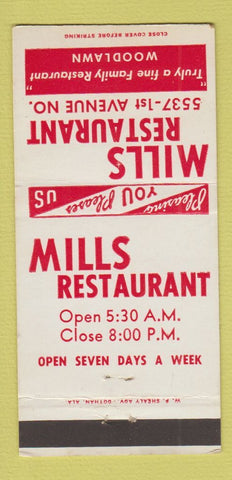 Matchbook Cover - Mills Restaurant Woodlawn AL Birmingham 30 Strike