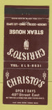 Matchbook Cover - Christo's Steak House New York City 30 Strike