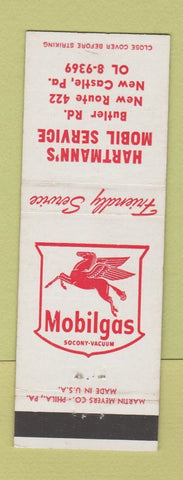 Matchbook Cover - Mobil oil gas Hartmann's New Castle PA