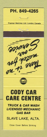 Matchbook Cover - Gulf oil gas Cody Car Care Centre Slave Lake AB