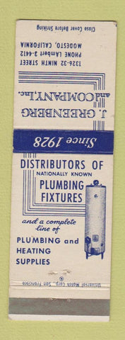 Matchbook Cover - J Greenberg Plumbing Fixtures Water Heaters Modesto CA
