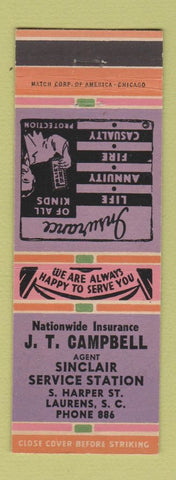 Matchbook Cover - JT Campbell Nationwide Insurance Sinclair oil gas Laurens SC