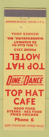 Matchbook Cover - Top Hat Cafe Motel Warrensburg MO low phone #