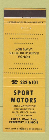 Matchbook Cover - Sport Motors Honda Motorcycles Lawn Boy Mowers Freeport IL
