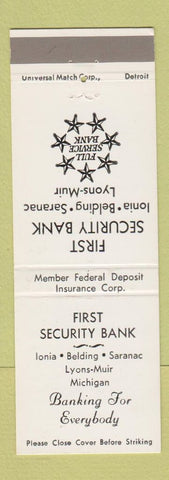 Matchbook Cover - First Security Bank Lyons Ionia Belding Saranac MI