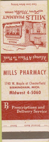 Matchbook Cover - Mills Drugs Birmingham MI