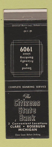 Matchbook Cover - Citizens State Bank Clare Rosebush MI