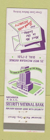 Matchbook Cover - Security NATional Bank Detroit MI Bellevue Nashville MI