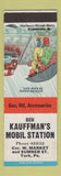 Matchbook Cover - Kauffman's Mobil oil gas York PA