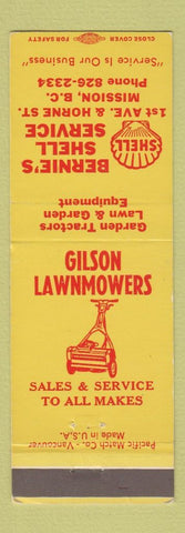 Matchbook Cover - Shell oil gas Bernie's Gilson Lawnmowers Misson BC