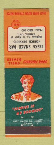 Matchbook Cover - Shell oil gas Barrie ON Leske Snack Bar