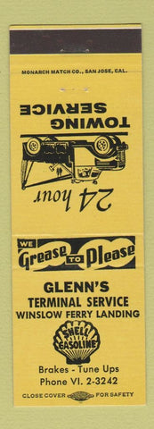 Matchbook Cover - Glenn's Shell oil gas towing  Winslow Ferry Landing