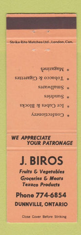 Matchbook Cover - J Biros Grocery Texaco oil gas Dunnville ON