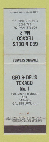 Matchbook Cover - Geo & Del's Texaco oil gas Galesburg IL WEAR
