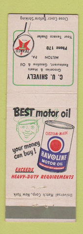 Matchbook Cover - CU Shively Texaco oil gas grocery Milton PA low phone #