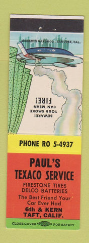 Matchbook Cover - Paul's Texaco oil gas Taft CA Firestone Tires