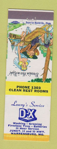 Matchbook Cover - Lowry's DX oil gas Warrensburg MO hillbilly