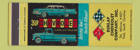 Matchbook Cover - 1959 Chevrolet Dunlap York SC