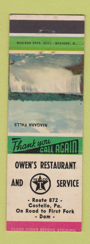 Matchbook Cover - Owen's Restaurant Texaco oil gas Costello PA