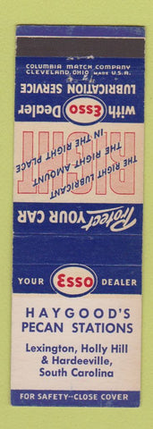 Matchbook Cover - Esso oil gas Haygood's Lexington Holly Hill Hardeeville SC