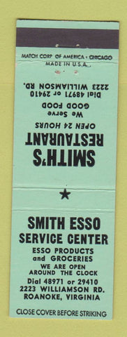 Matchbook Cover - Smith's Restaurant Esso oil gas Roanoke VA