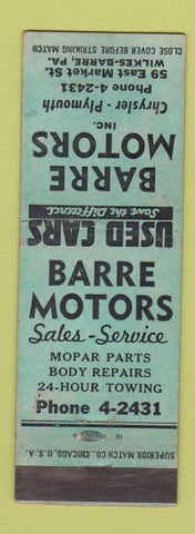 Matchbook Cover - Barre Chrysler Plymouth Wilkes Barre PA WEAR